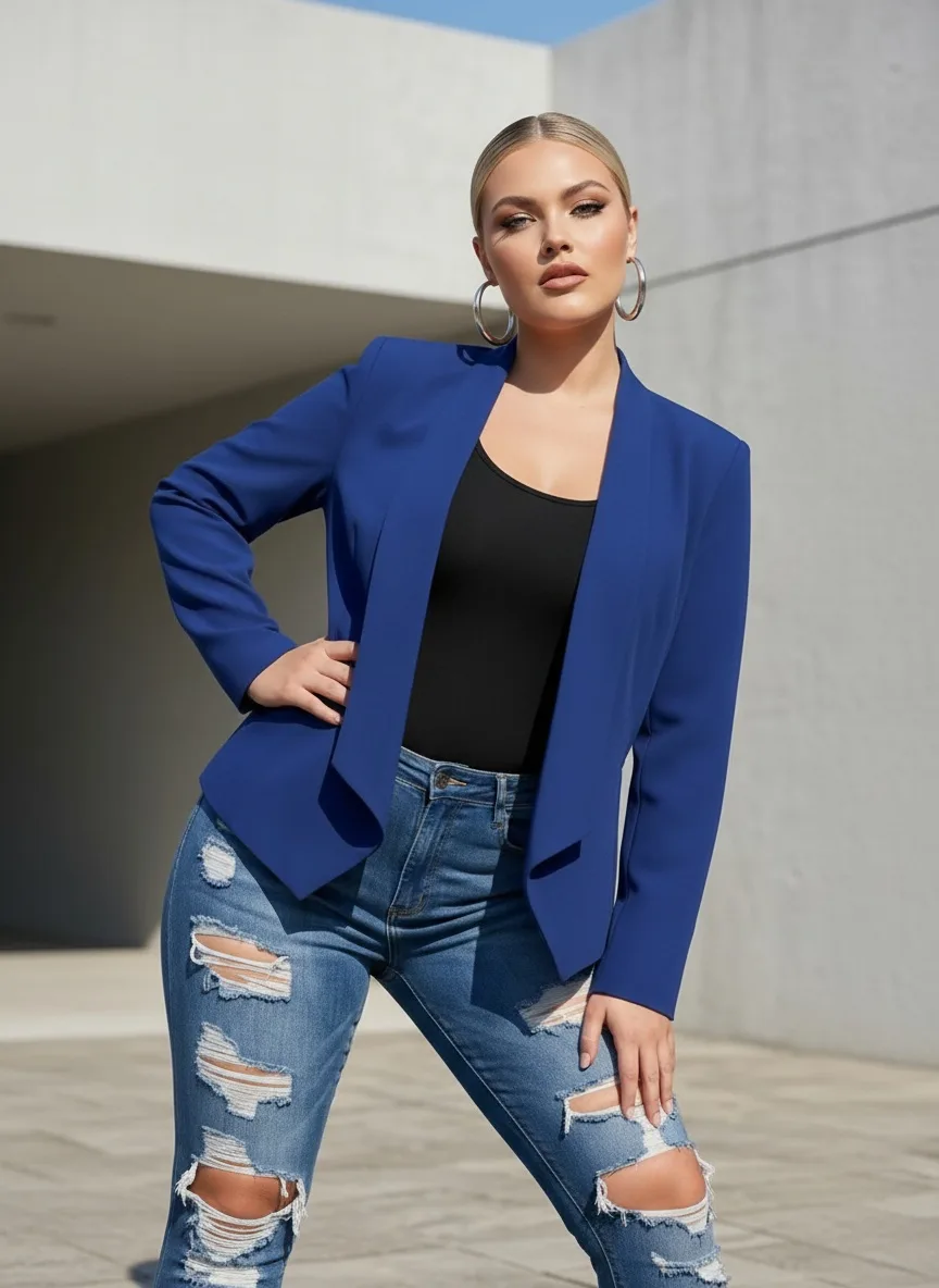Plus-size model in royal blue blazer with black top and distressed jeans against modernist architectural background