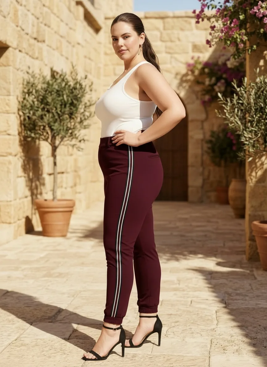 Plus-size model in white tank top and burgundy side-stripe joggers in Mediterranean sandstone courtyard with olive trees