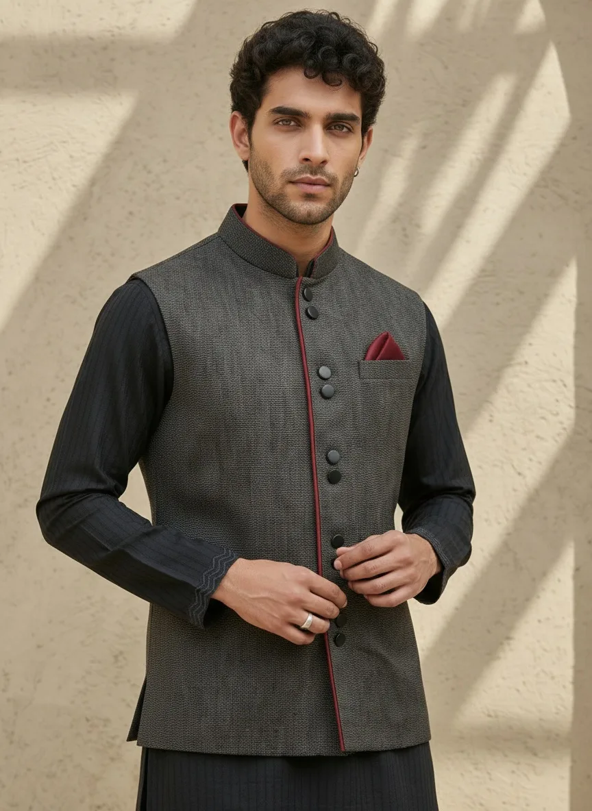 Bubber Couture charcoal grey Nehru jacket close-up with red piping detail and burgundy pocket square