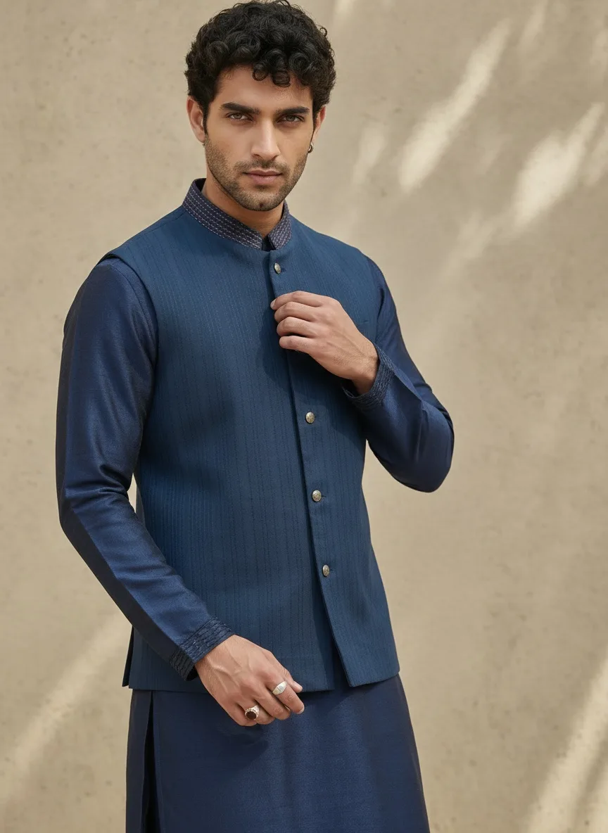 Bubber Couture solid navy blue kurta set with textured collar and gold buttons