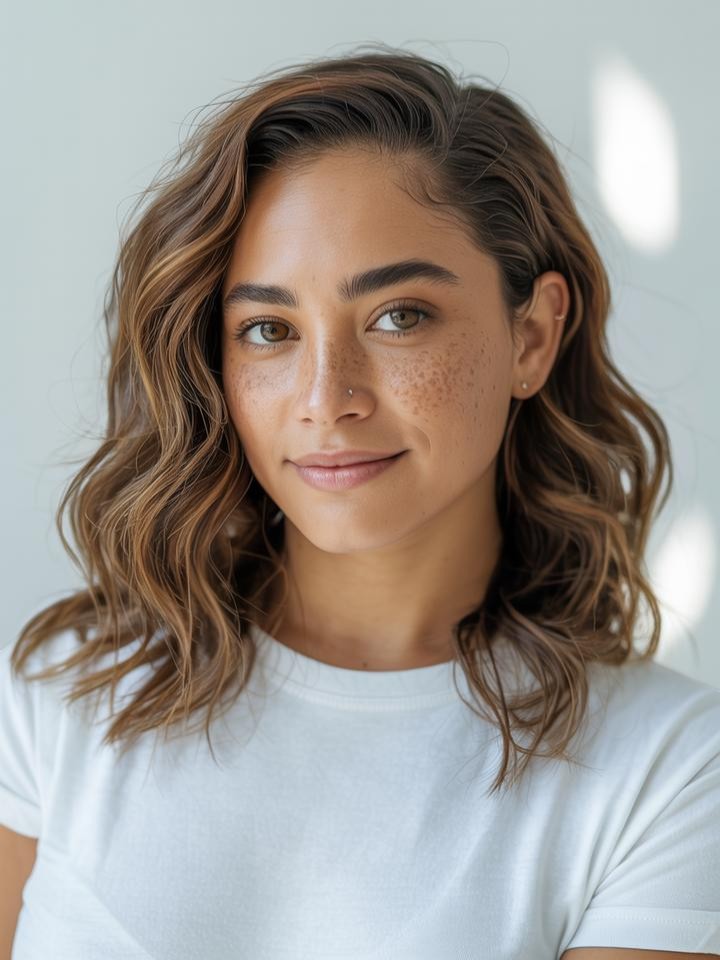 Luna — AI fashion model: Wavy brown highlights, nose stud, freckles