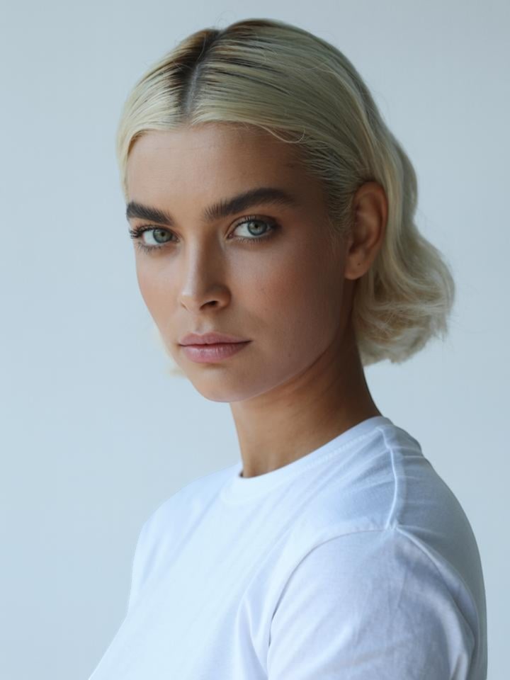 Astrid — AI fashion model: Platinum blonde chin-length wave, green eyes