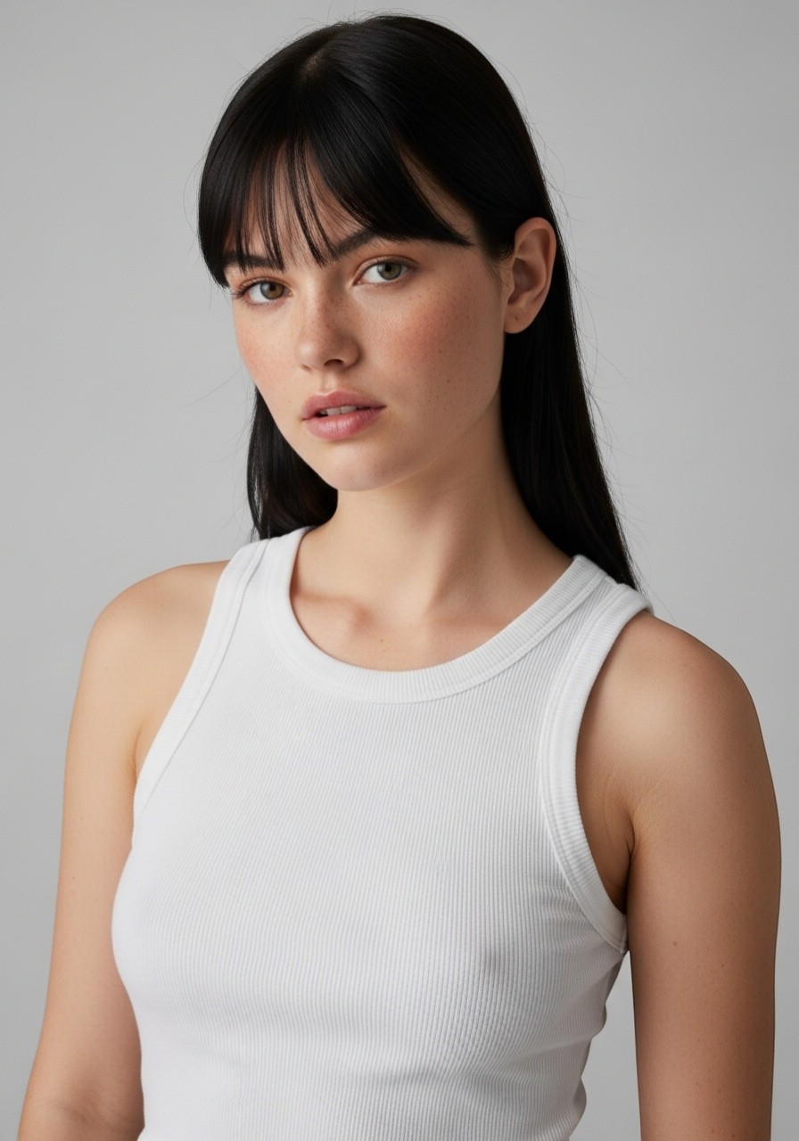 Ivy — AI fashion model: Long black hair with bangs, green eyes, freckles