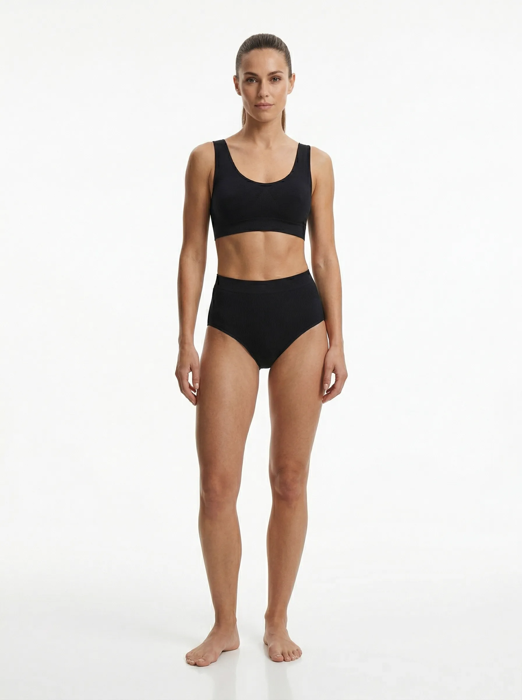 MODA AI output — full body two-piece intimates set on model, demonstrating fit accuracy across bralette and matching high-waist brief