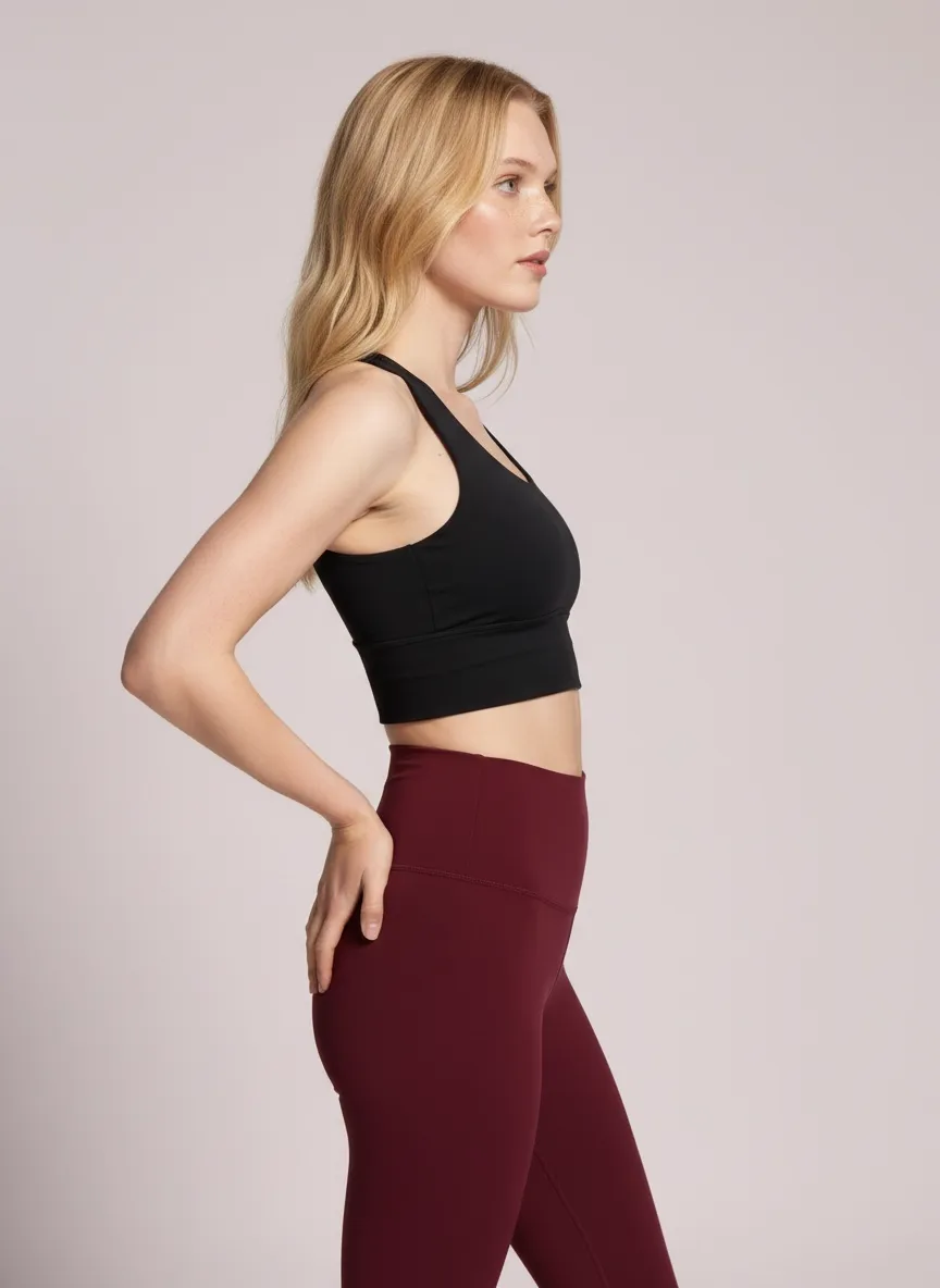 MODA AI output — side profile of model walking in maroon leggings, demonstrating fit, drape, and silhouette in motion