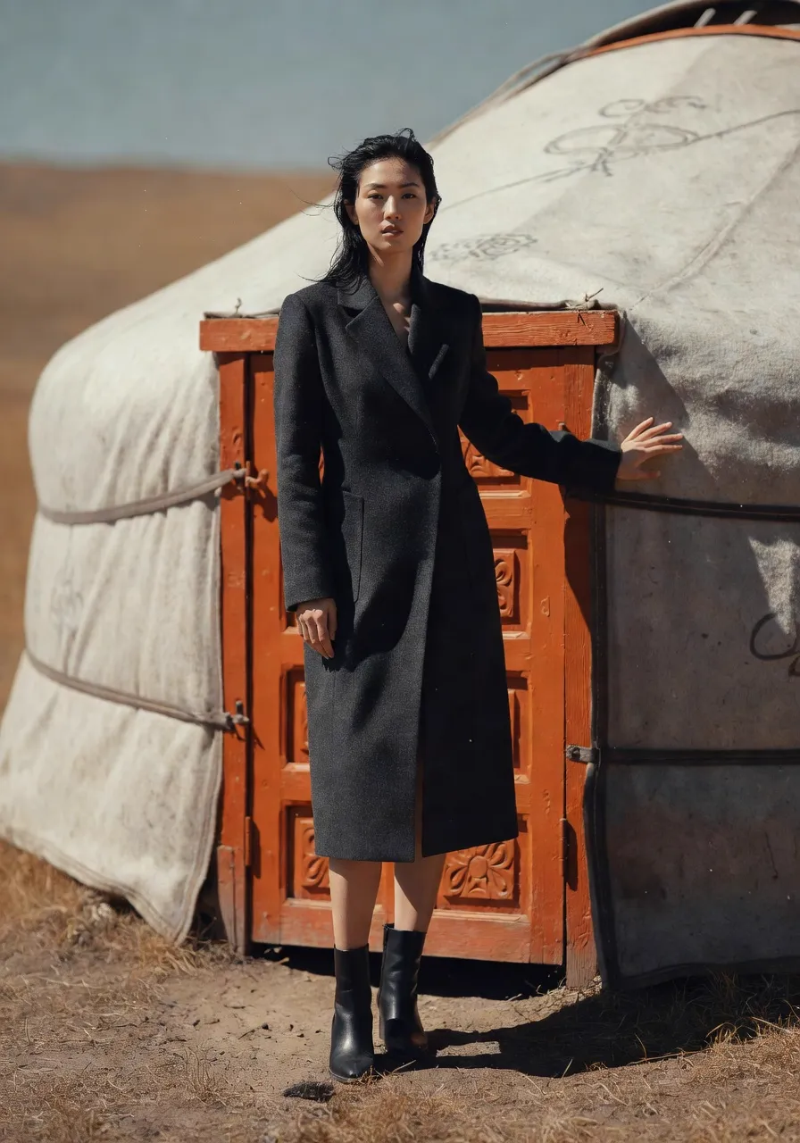 MODA AI editorial photography — model in dramatic Mongolian steppe landscape with traditional yurt, demonstrating editorial background reference control for Shopify brands
