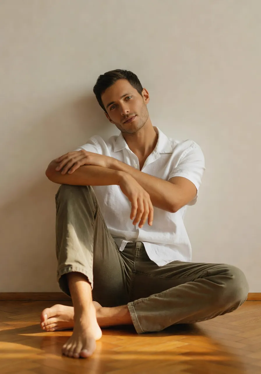 MODA AI editorial output — male model seated on textured floor against textured wall, demonstrating editorial depth from catalog inputs
