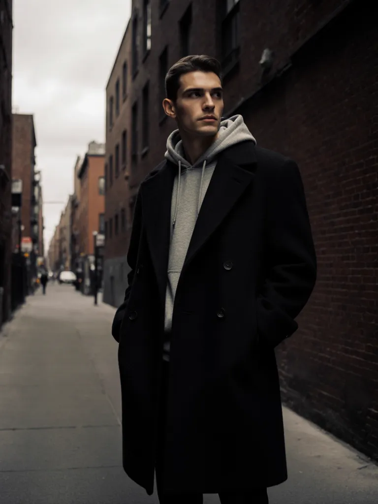 MODA AI editorial output — male model in NYC urban rooftop setting, demonstrating editorial range and pose quality