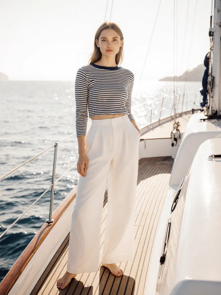 MODA AI editorial output — model on Saint-Tropez waterfront promenade, demonstrating French Riviera location control from background reference