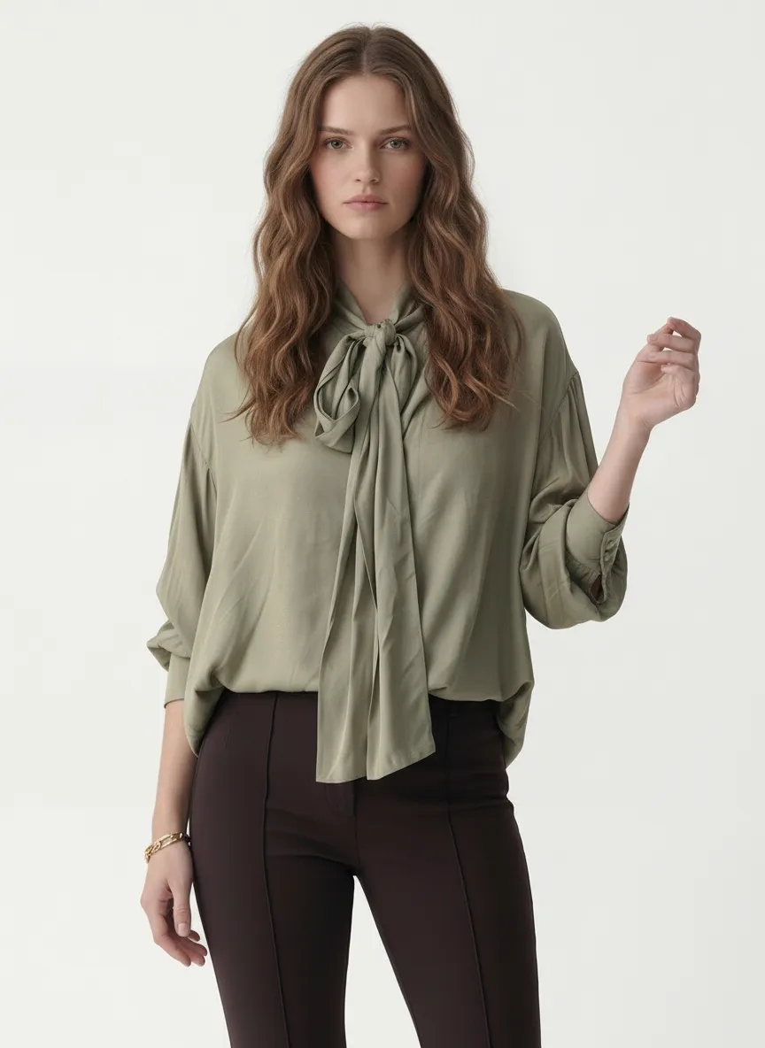 MODA AI output 2 — studio model wearing olive tie-neck blouse with chocolate capris, model-to-model swap with full fit accuracy