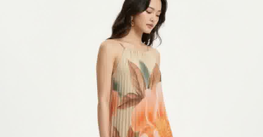 MODA AI catalog photography — model in floral pleated sundress on white studio background, generated from a real shop mannequin reference