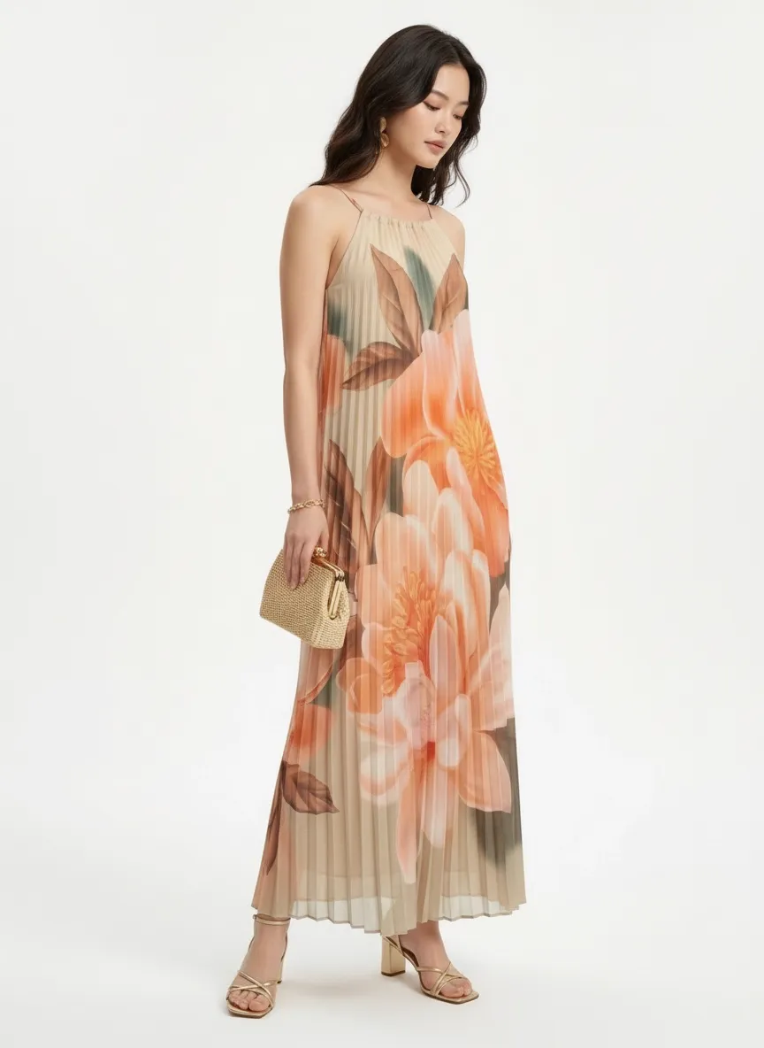 MODA AI catalog photography hero — model in floral pleated sundress on clean white studio background, generated from a real shop mannequin reference