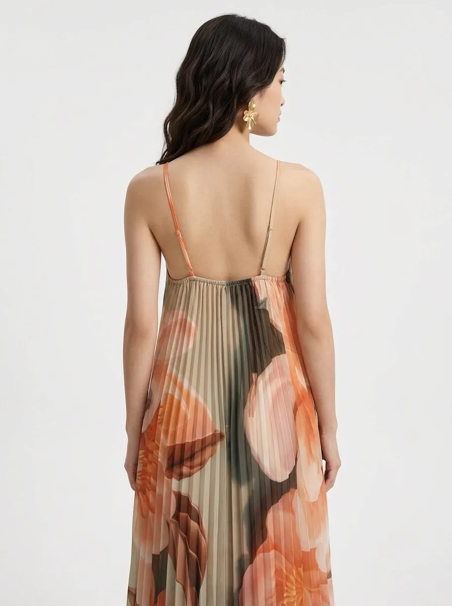 MODA AI output 2 — model in floral pleated sundress, studio-ready transformation from shop mannequin reference