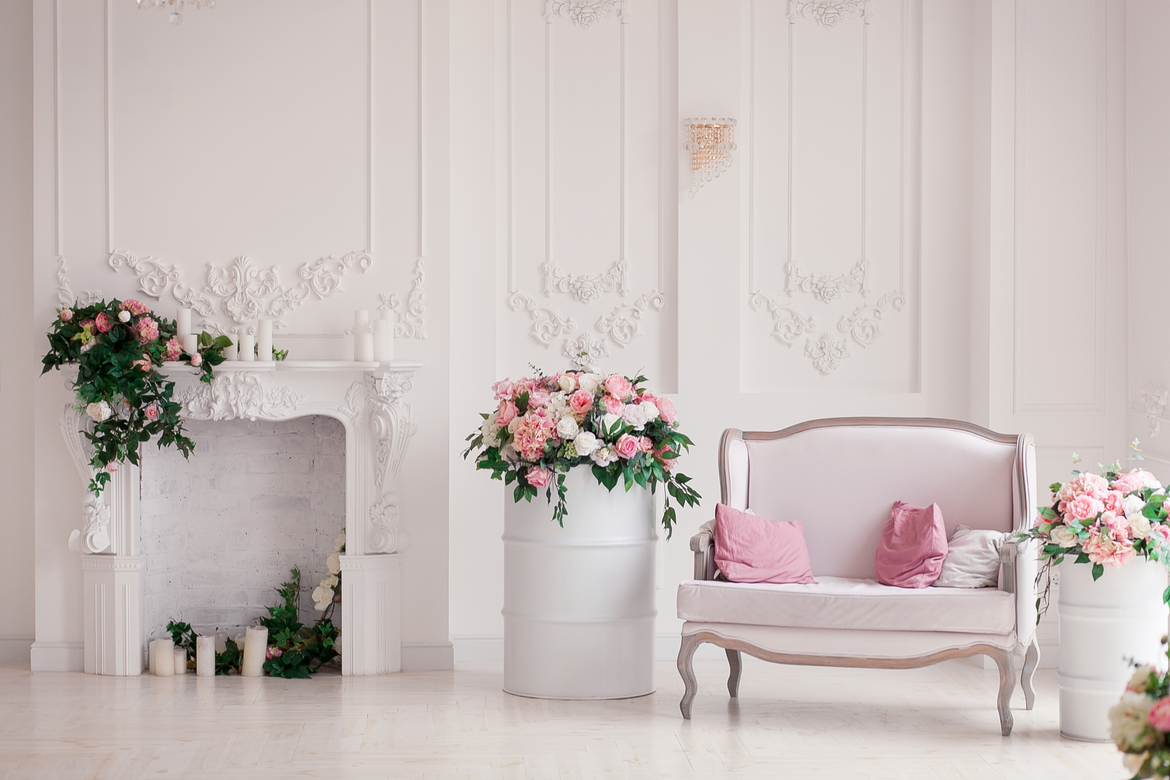 Background reference — ornate French interior with roses and velvet settee