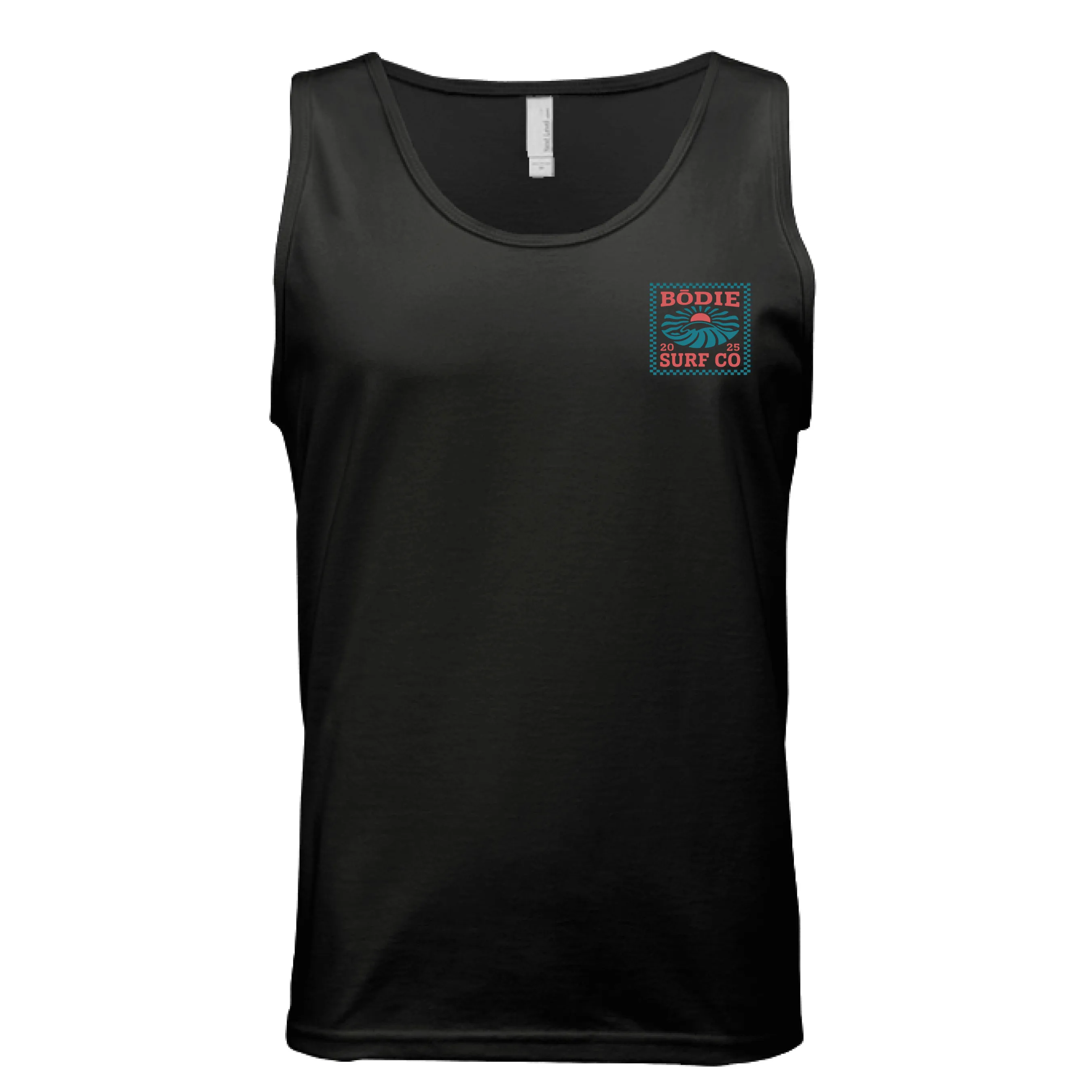 Black surf tank — front reference with small Bōdie Surf Co. patch